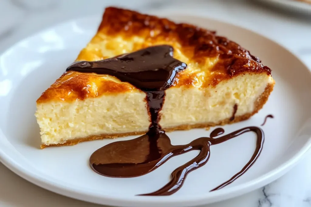 A warm slice of crescent roll cheesecake drizzled with chocolate sauce.