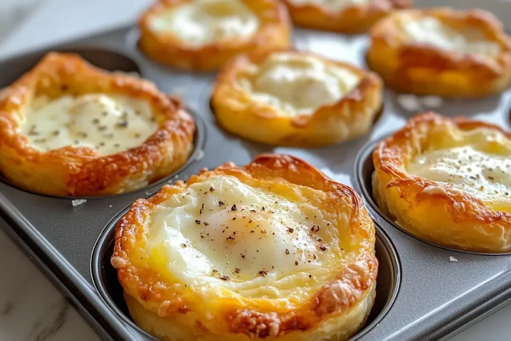 Golden-brown puff pastry egg cups topped with melted cheese in a muffin tin.