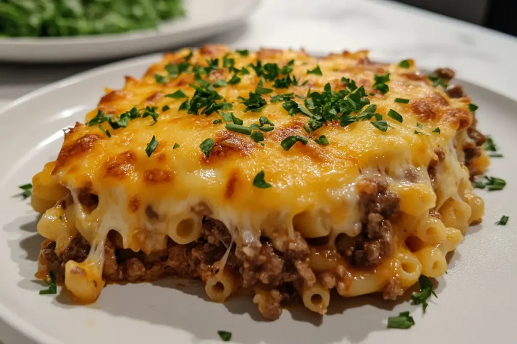 A plate of homemade beefaroni topped with golden-brown cheese and fresh herbs