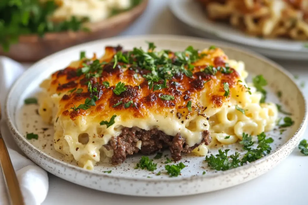 A plate of homemade beefaroni topped with golden-brown cheese and fresh herbs