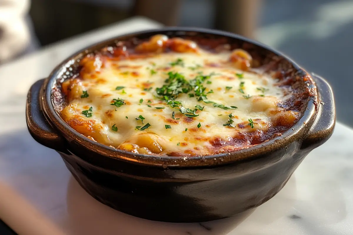 A hot bowl of homemade beefaroni fresh from the oven, topped with melted cheese.