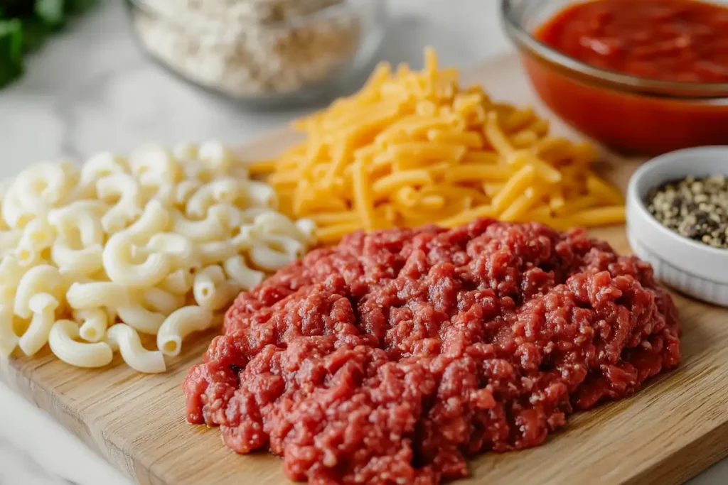 Ground beef, macaroni, tomato sauce, cheese, and seasonings displayed on a cutting board.