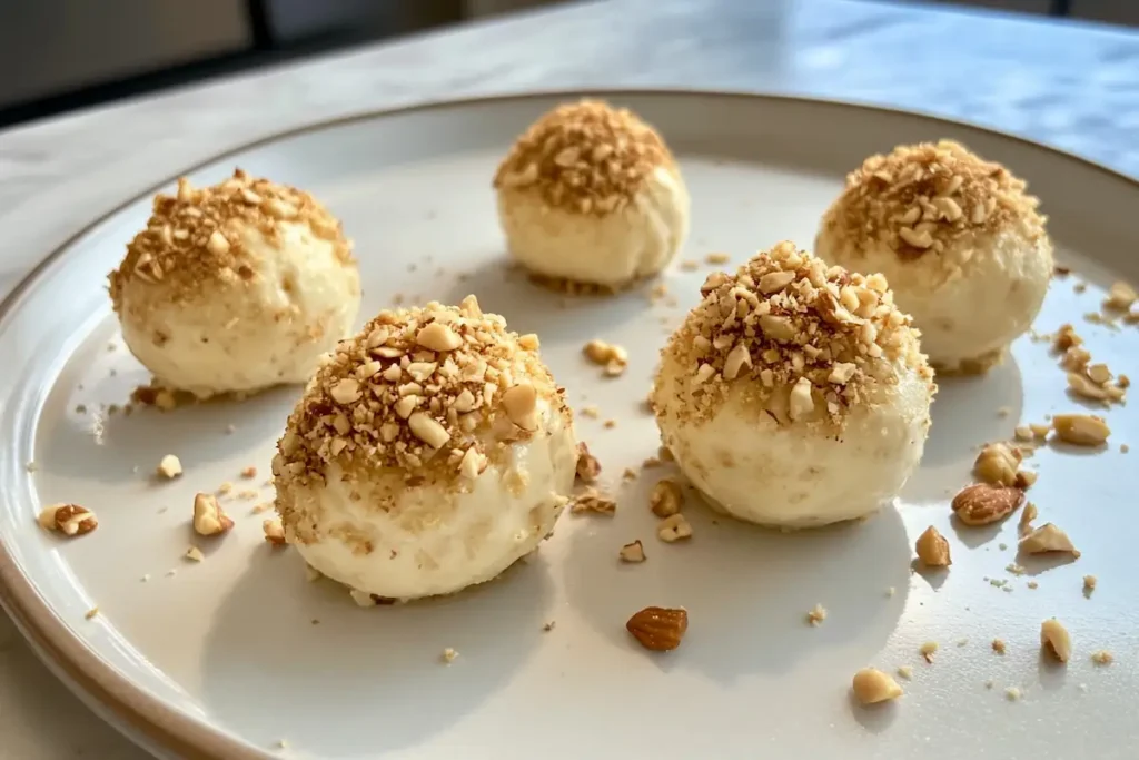 Close-up shot of keto cheesecake balls topped with crushed pecans on a marble surface.