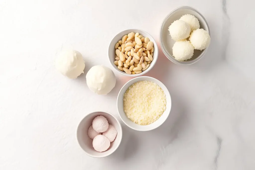 All the ingredients needed to make keto cheesecake balls measured out on white marbre table