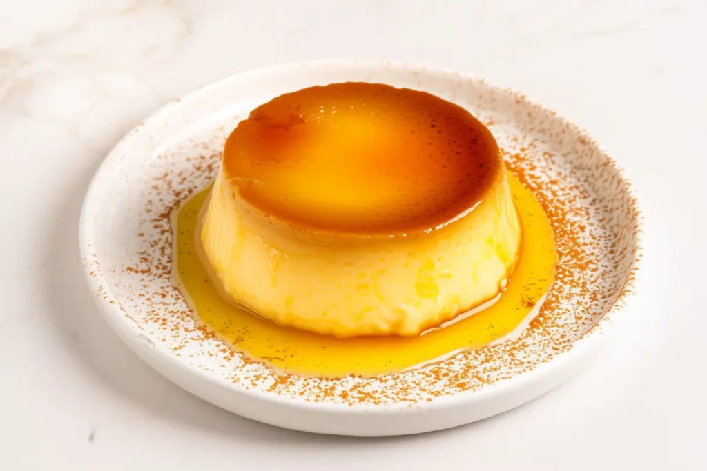 Puerto Rican flan topped with caramel sauce on a white plate.