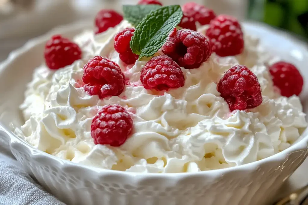 A bowl of Russian cream dessert topped with fresh raspberries and mint.