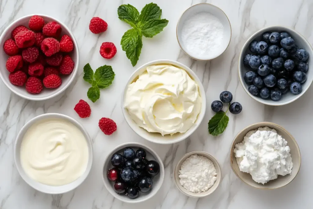 All the ingredients for Russian cream dessert laid out: heavy cream, sour cream, sugar, gelatin, vanilla, and berries