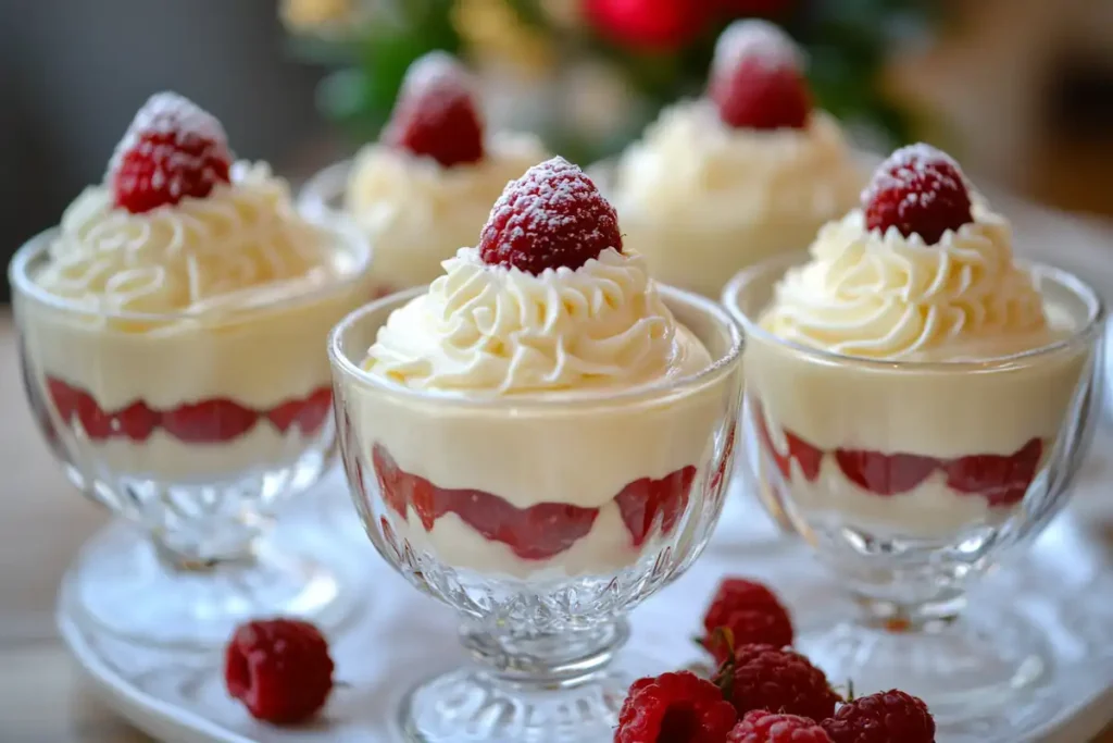 Five glass cups filled with Russian cream dessert, garnished with berries on top