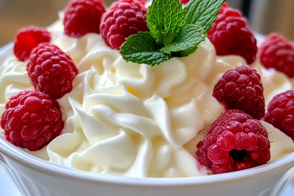 A bowl of Russian cream dessert topped with fresh raspberries and mint