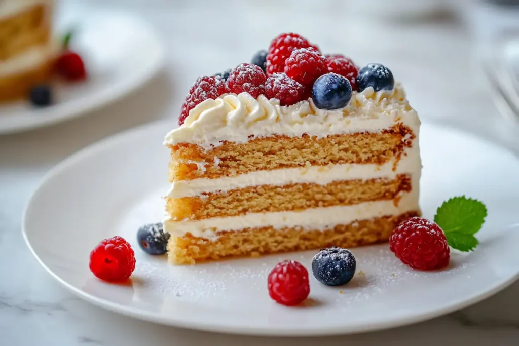 A slice of simplified Russian honey cake topped with whipped frosting and berries on a white plate