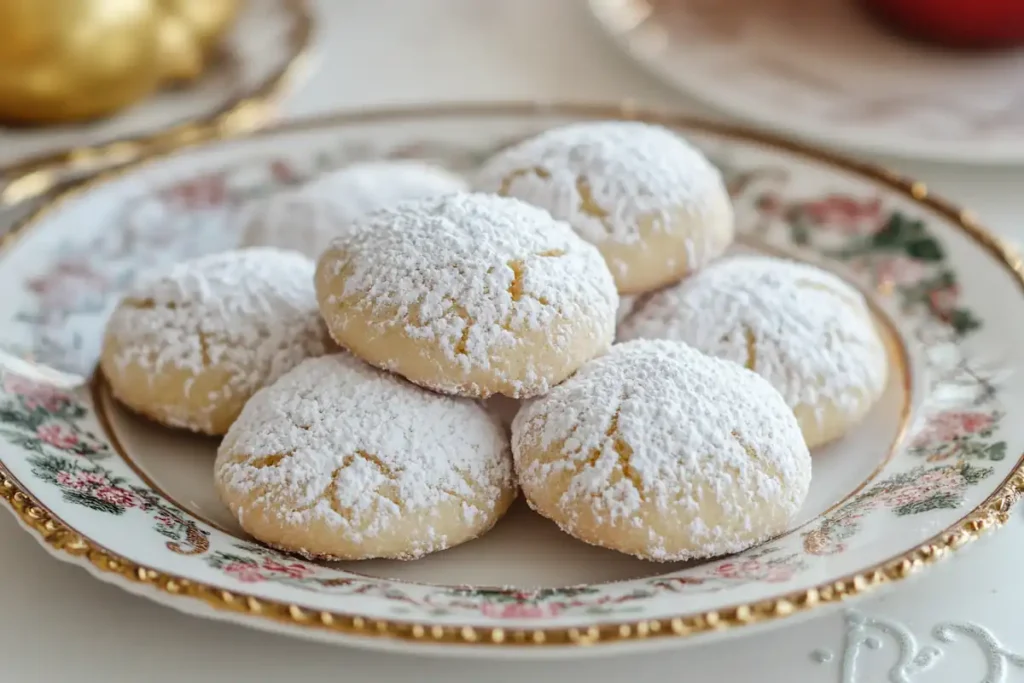 Freshly baked Russian Tea Cookies dusted with powdered sugar and displayed on a festive plate