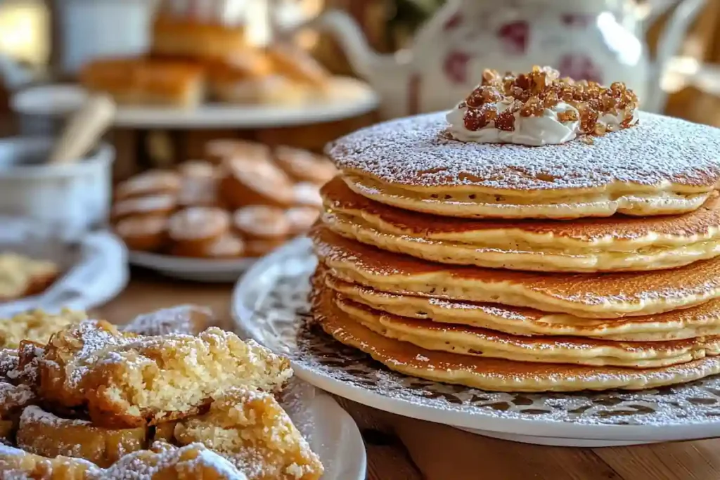 A cozy display of easy Russian desserts including pancakes, cookies, and a slice of honey cake