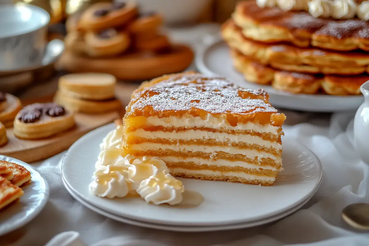 A cozy display of easy Russian desserts including pancakes, cookies, and a slice of honey cake