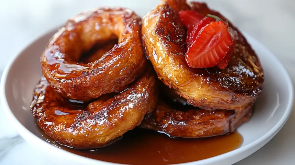A plate of French toast bagels drizzled with maple syrup and topped with fresh strawberries.