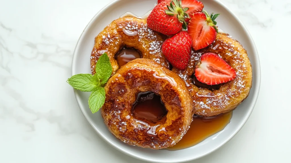A plate of French toast bagels drizzled with maple syrup and topped with fresh strawberries.