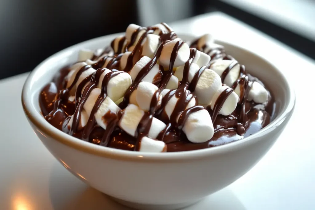 A vibrant dessert dip bowl filled with chocolate drizzle and mini marshmallows.