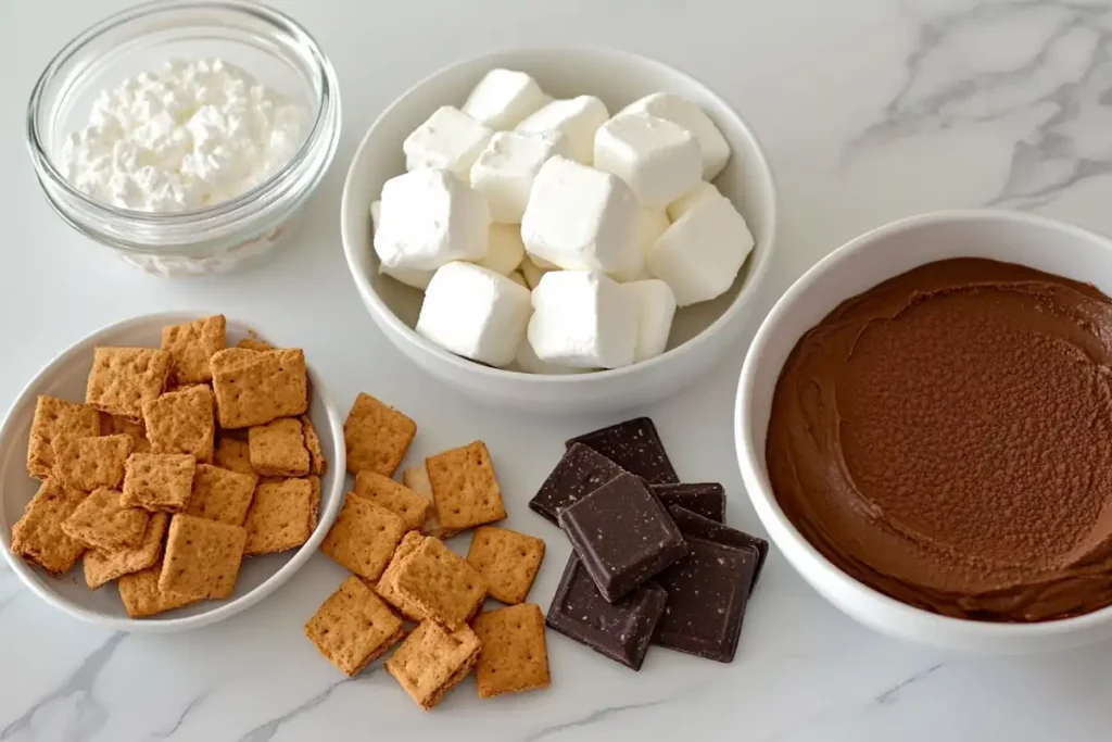 Ingredients for a delicious s'mores dessert dip arranged neatly on a countertop.