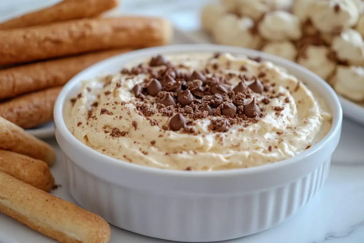 Creamy cookie dough dip served with assorted dippers