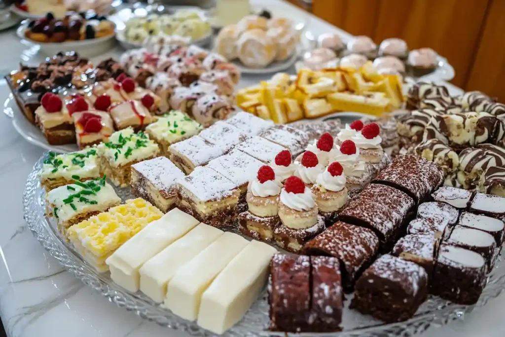 A delightful spread of assorted Russian desserts on a wooden table.