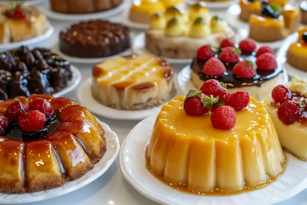 A colorful display of traditional Puerto Rican desserts, including tembleque, flan, and arroz con dulce.