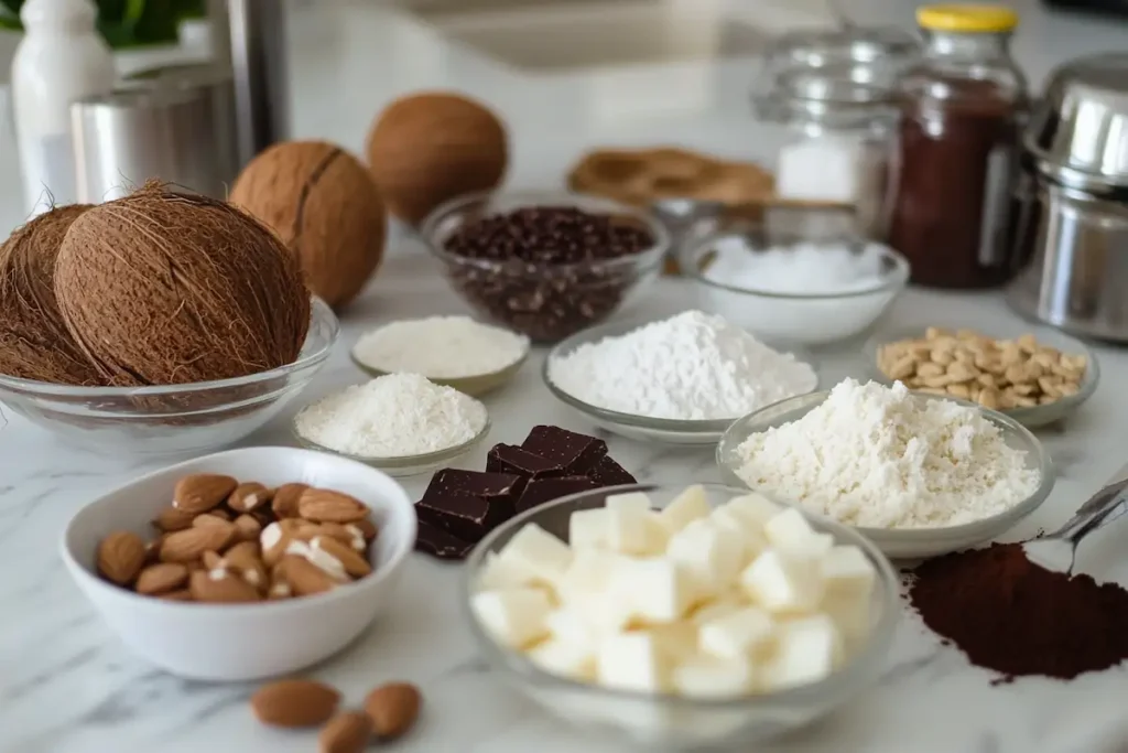 Ingredients laid out for making tembleque, a creamy coconut pudding.