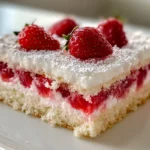 A freshly baked white strawberry cake with glistening strawberries on top