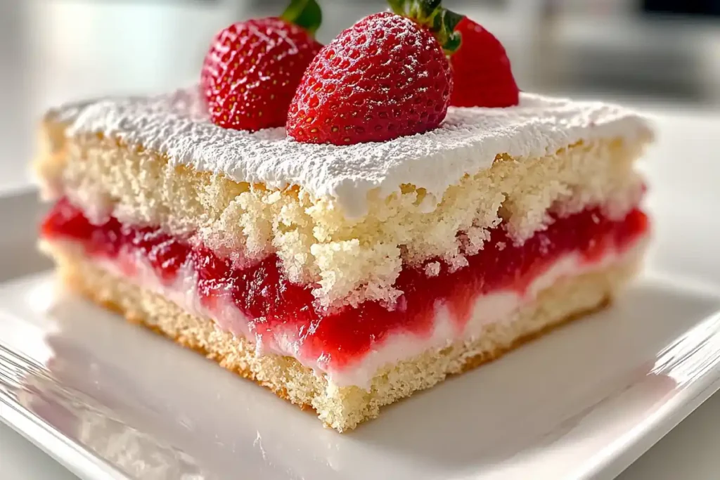 A freshly baked white strawberry cake with glistening strawberries on top