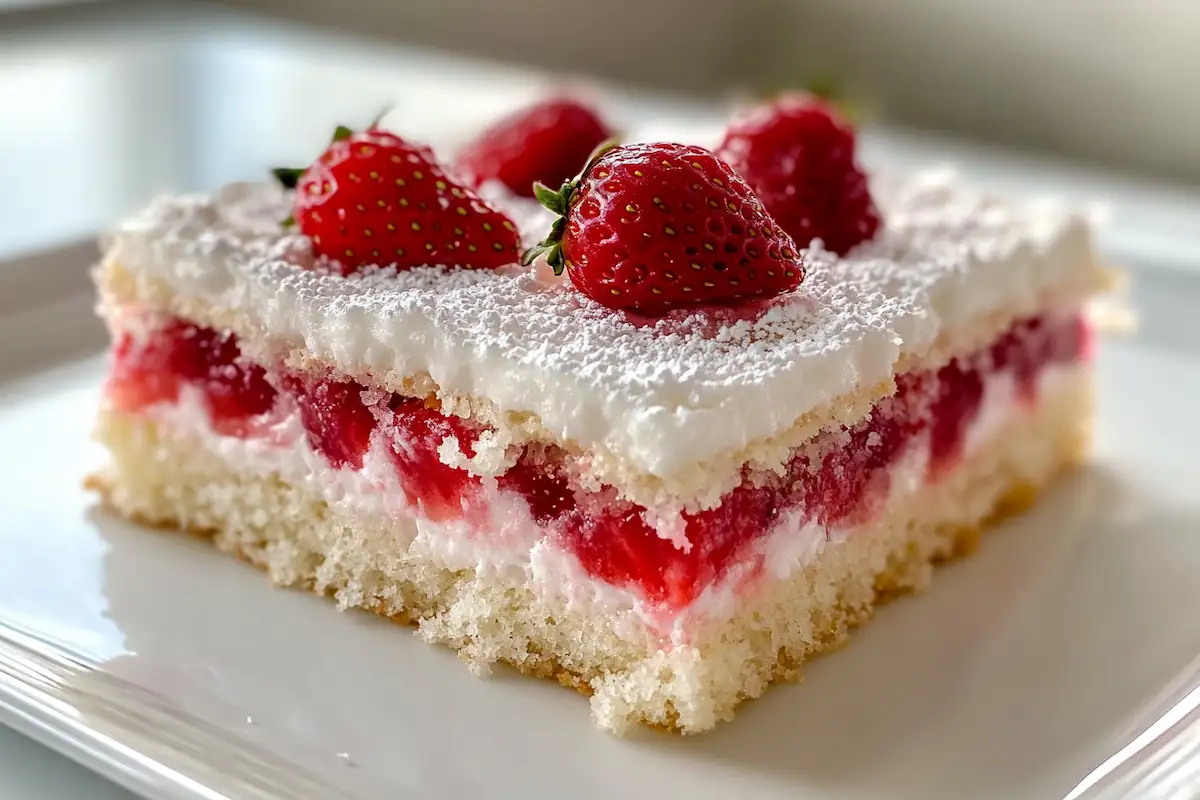 A freshly baked white strawberry cake with glistening strawberries on top